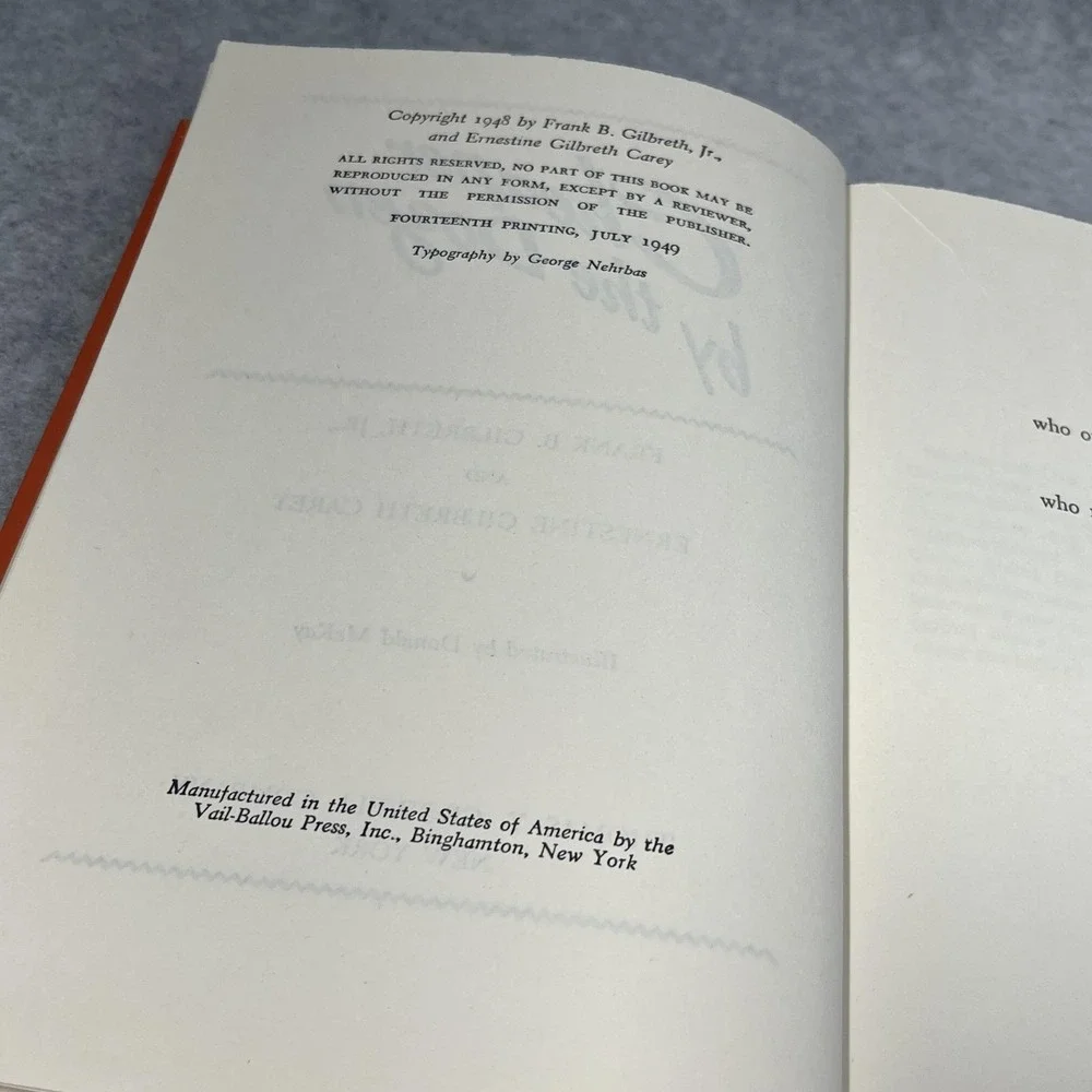 Vintage Cheaper by the Dozen Gilbreth Carey‎ 1949 Hardcover Humor Family Motion